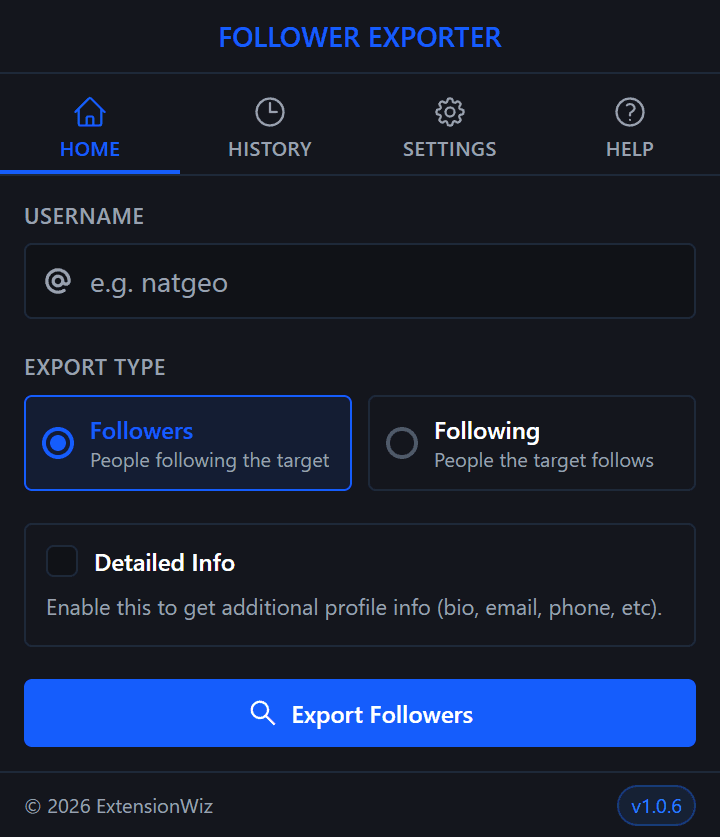 Follower Exporter extension popup